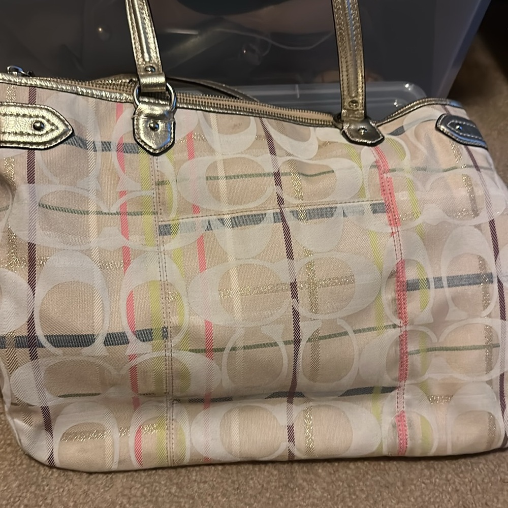 Cream, white, gold, pink and purple large Coach madras tote - Picture 6 of 7